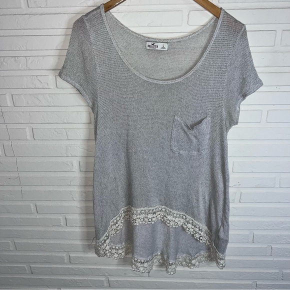 Hollister Gray High Low Cream Crochet Hem Short Sleeve Sweater, Women’s Large - Picture 2 of 6